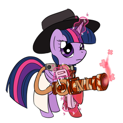 Size: 1280x1280 | Tagged: safe, artist:darkest hour, medic (tf2), twilight sparkle (mlp), alicorn, equine, fictional species, mammal, pony, feral, series:darkest hour's team fortress 2 classes, friendship is magic, hasbro, my little pony, team fortress 2, valve, 2018, bandage, blue hair, clothes, coat, cosplay, crossover, digital art, expressionless face, female, folded wings, fur, gloves, glowing, glowing horn, gun, hair, hat, hooves, horn, lab coat, levitation, looking at you, magic, magic aura, mane, mare, medi gun (tf2), medic, pink hair, plus, purple body, purple eyes, purple fur, purple hair, raised hoof, raised leg, scarf, side view, simple background, solo, solo female, standing, tail, telekinesis, topwear, transparent background, tube, video game, weapon, wings