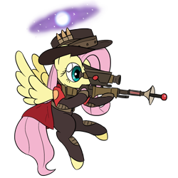 Size: 1460x1460 | Tagged: safe, artist:darkest hour, fluttershy (mlp), sniper (tf2), equine, fictional species, mammal, pegasus, pony, semi-anthro, series:darkest hour's team fortress 2 classes, friendship is magic, hasbro, my little pony, team fortress 2, valve, 2018, aiming, blue eyes, bottomwear, bullet, cape, clothes, crossover, digital art, energy weapon, female, flying, fur, gloves, gun, hair, hat, holding, hoof hold, hooves, jacket, laser gun, laser sniper gun, mane, mare, neutron star, neutron star (tf2), optical sight, pants, patch, pink hair, rifle, shooting star (tf2), simple background, sniper, sniper rifle, solo, solo female, space, spread wings, stars, tail, three-quarter view, topwear, transparent background, vest, video game, weapon, wings, yellow body, yellow fur
