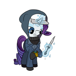 Size: 1280x1280 | Tagged: safe, artist:darkest hour, rarity (mlp), spy (tf2), equine, fictional species, mammal, pony, unicorn, feral, series:darkest hour's team fortress 2 classes, friendship is magic, hasbro, my little pony, team fortress 2, valve, 2018, baseball cap, blue eyes, bottomwear, brotherhood of arms (tf2), cap, clothes, crossover, dagger, digital art, enthusiast's timepiece (tf2), eyeshadow, female, fur, gloves, glowing, glowing horn, gray body, gray fur, hair, hat, hood, hooves, horn, knife, levitation, lidded eyes, looking at something, looking down, magic, magic aura, makeup, mane, mare, melee weapon, pants, purple hair, raised hoof, raised leg, shoes, simple background, solo, solo female, spy, standing, suit, sweater, telekinesis, topwear, transparent background, turtleneck, video game, watch, weapon, wristwatch, your eternal reward (tf2)