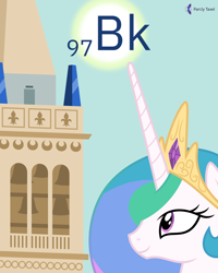 Size: 4000x5000 | Tagged: safe, artist:parclytaxel, part of a set, princess celestia (mlp), alicorn, equine, fictional species, mammal, pony, feral, series:joycall6's periodic table, friendship is magic, hasbro, my little pony, .svg available, 2020, absurd resolution, berkelium, bust, chemistry, crown, female, horn, jewelry, looking up, mare, on model, periodic table, portrait, regalia, sather tower, sky, smiling, solo, solo female, sun, uc berkeley, university, vector