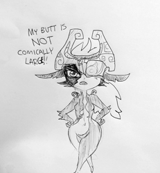 Size: 1288x1391 | Tagged: suggestive, artist:tjpones, midna (zelda), fictional species, twili, anthro, nintendo, the legend of zelda, the legend of zelda: twilight princess, angry, belly button, blatant lies, blushing, breasts, dialogue, embarrassed, fangs, featureless breasts, featureless crotch, female, grayscale, hand on hip, headwear, looking at you, monochrome, nudity, open mouth, sharp teeth, solo, solo female, talking, teeth, traditional art, wide hips