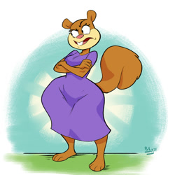 Size: 2000x2000 | Tagged: safe, artist:rayjay, sandy cheeks (spongebob), mammal, rodent, squirrel, anthro, nickelodeon, spongebob squarepants (series), 2020, barefoot, clothes, crossed arms, dress, eyebrows, female, high res, open mouth, raised eyebrow, signature, solo, solo female, tail, wide hips