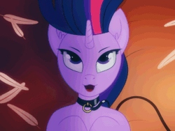 Size: 1280x960 | Tagged: suggestive, artist:eqamrd, twilight sparkle (mlp), equine, fictional species, mammal, pony, unicorn, feral, friendship is magic, hasbro, my little pony, animated, bed, bedroom eyes, collar, feather, female, gif, implied sex, leash, looking at you, lying down, offscreen character, on back, on bed, open mouth, open smile, pov, smiling, solo, solo female, submissive, submissive female