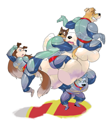 Size: 835x930 | Tagged: safe, artist:吉良ネリス, blitz (road rovers), colleen (road rovers), canine, collie, doberman, dog, golden retriever, husky, mammal, old english sheepdog, rough collie, siberian husky, anthro, road rovers, 2010, armor, belt, boots, breasts, carrying, clothes, exile (road rovers), female, gloves, grin, group, hair, hair over eyes, hunter (road rovers), kicking, lidded eyes, lifting others, looking back, male, open mouth, outfit, scared, shag (road rovers), sheepdog, shoes, shrug, simple background, tail, white background