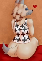 Size: 886x1280 | Tagged: safe, artist:cooliehigh, vivian (animal crossing), canine, mammal, wolf, anthro, animal crossing, nintendo, 2017, 2d, big butt, bottomless, butt, clothes, heart, lidded eyes, looking at you, looking back, nudity, partial nudity, smiling, tank top, topwear