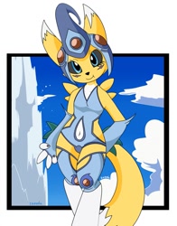 Size: 1001x1280 | Tagged: safe, artist:ineedanaccount, oc, oc:ropa, fictional species, ranamon, renamon, anthro, digitigrade anthro, digimon, accessory swap, black sclera, blue eyes, clothes, colored sclera, female, gloves, legwear, long gloves, looking at you, smiling, solo, solo female, thigh highs