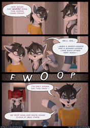 Size: 905x1280 | Tagged: safe, artist:willitfit, mammal, procyonid, raccoon, anthro, comic:striped sins, 3d, armpit fluff, armpit hair, armpits, brother, brother and sister, clothes, dialogue, door, female, funny, hoodie, innuendo, male, open door, shirt, siblings, sister, speech bubble, t-shirt, talking, tank top, text, topwear