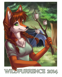 Size: 664x826 | Tagged: safe, artist:imanika, canine, fox, mammal, anthro, chest fluff, clothes, female, fluff, food, forest, green eyes, looking at you, marshmallow, shirt, smiling, solo, solo female, tent, topwear, vixen