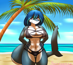 Size: 2221x1992 | Tagged: safe, artist:saintversa, fish, shark, anthro, adonis belt, beach, big breasts, bikini, blue body, blue hair, breasts, cleavage, clothes, female, hair, hand on hip, huge breasts, long tail, muscles, muscular female, ocean, purple eyes, solo, solo female, swimsuit, tail, tail fin, thick thighs, thigh gap, thighs, thong swimsuit, tree, water, wet, white body