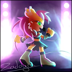 Size: 1280x1280 | Tagged: safe, artist:zaddyra, mina mongoose (sonic), mammal, mongoose, anthro, archie sonic the hedgehog, sega, sonic the hedgehog (series), 2020, boots, bottomwear, cheek fluff, clothes, cord, digital art, ear piercing, earring, female, fluff, fur, green eyes, hair, hand hold, holding, lidded eyes, looking at you, looking back, looking back at you, microphone, open mouth, piercing, purple hair, raised leg, shoes, signature, singing, skirt, solo, solo female, tail, tank top, topwear, yellow body, yellow fur, yellow tail