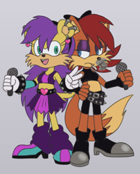 Size: 2048x2532 | Tagged: safe, artist:itoruna-the-platypus, fiona fox (sonic), mina mongoose (sonic), canine, fox, mammal, mongoose, anthro, archie sonic the hedgehog, sega, sonic the hedgehog (series), 2018, alternate outfit, annoyed, belt, blue eyes, boots, bottomwear, brown body, brown fur, brown tail, cheek fluff, cigarette, clothes, digital art, dipstick tail, duo, duo female, ear piercing, earring, eyeshadow, female, fluff, fur, gloves, gray background, green eyes, hair, hand hold, hand on hip, happy, headband, high res, holding, leg warmers, legwear, makeup, microphone, open mouth, piercing, purple hair, red hair, shoes, simple background, skirt, smoking, tail, tank top, toeless legwear, topwear, vixen, yellow body, yellow fur, yellow tail