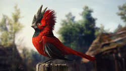 Size: 2560x1440 | Tagged: safe, artist:vesner, bird, cardinal, fictional species, hybrid, songbird, feral, cd projekt red, 16:9, 2016, ambiguous gender, beak, bird feet, black feathers, blurred background, detailed, dust, feathers, folded wings, horns, outdoors, red feathers, signature, sitting, solo, solo ambiguous, tail, tail feathers, wallpaper, webbed wings, wings