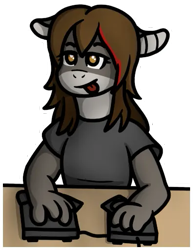 Size: 395x512 | Tagged: safe, artist:selicre, oc, oc:mara (cadey), fish, shark, anthro, brown body, brown eyes, bust, clothes, ergodox, female, hands, keyboard, shirt, simple background, solo, solo female, t-shirt, table, tongue, tongue out, topwear, transparent background, white border