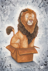 Size: 602x900 | Tagged: safe, artist:dolphiana, big cat, feline, lion, mammal, feral, 2016, abstract background, box, brown hair, ear fluff, eyes closed, fluff, fur, hair, in a box, leg fluff, leonine tail, male, mane, signature, sitting, smiling, solo, solo male, tail, tan body, tan fur, traditional art