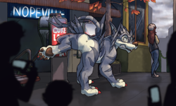 Size: 1000x600 | Tagged: safe, artist:ohdarnnitjerry, fictional species, garurumon, human, mammal, feral, digimon, 2017, anus, building, butt, cell phone, city, claws, clothes, digital art, featureless crotch, gritted teeth, hair, hat, leaf, looking back, male, male focus, offscreen character, outdoors, paw pads, paws, phone, raised leg, rear view, simplistic anus, size difference, smartphone, solo focus, street, tail, teeth, tree, underpaw