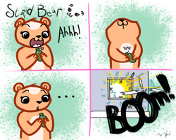 Size: 2000x1600 | Tagged: safe, artist:soldirix, bear, mammal, anthro, black eyes, boom, comic, curious, cute, dialogue, dumb, english text, explosion, eyebrows, female, funny, grenade, grimcute, house, onomatopoeia, paws, signature, simple background, solo, solo female, speech bubble, stupid, stupid bear, surprised, talking, text, this will end in pain, title, tongue, too dumb to live, uh oh, window