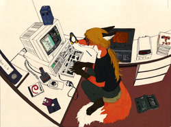 Size: 1280x947 | Tagged: safe, artist:lizzieliz, tux, xenia (linux fox), canine, fox, mammal, red fox, anthro, doctor who, akira, barefoot, black body, black fur, book, brown hair, cable, clothes, computer, computer mouse, debian, ears laid back, elbow fluff, female, floppy disk, floppy drive, fluff, fur, glasses, hair, hands, headphones, illustration, joystick, keyboard, linux, mascot, monitor, mtf transgender, office, orange body, orange fur, ponytail, round glasses, shirt, sitting, solo, solo female, t-shirt, table, tardis, text, topwear, transgender, vixen, white body, white fur