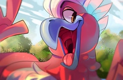 Size: 1280x828 | Tagged: safe, artist:kanoodlebin, bird, parrot, feral, ambiguous gender, bust, looking at something, mawshot, open mouth, saliva, solo, solo ambiguous, tongue