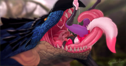 Size: 1280x676 | Tagged: suggestive, artist:sajik, canine, dragon, fictional species, fox, mammal, monster, rathalos, reptile, wyvern, anthro, feral, monster hunter, duo, female, male, mawplay, micro, open mouth, oral vore, saliva, size difference, vore