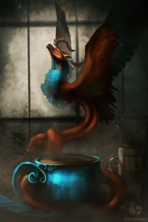 Size: 853x1280 | Tagged: safe, artist:darknessprotection, dragon, feathered dragon, fictional species, feral, ambiguous gender, coffee, coffee mug, drink, eyes closed, feathered wings, feathers, micro, wings