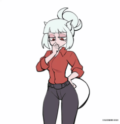 Size: 1000x1030 | Tagged: safe, artist:nagrolaz, lucifer (helltaker), bovid, caprine, demon, fictional species, goat, mammal, anthro, humanoid, helltaker, 2d, 2d animation, animated, beauty mark, bottomwear, clothes, female, frame by frame, fur, gif, goat lucifer, hair, hair bun, i'm not a furry but, pants, pointing, pointing at you, red eyes, shirt, signature, simple background, solo, solo female, speech bubble, text, topwear, transformation, ungulate, white background, white body, white fur, white hair