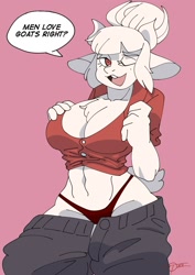 Size: 1191x1684 | Tagged: suggestive, artist:toonar, lucifer (helltaker), bovid, goat, mammal, anthro, helltaker, abstract background, big breasts, breasts, cleavage, cleavage fluff, clothes, dialogue, female, fur, goat lucifer, i'm not a furry but, looking at you, one eye closed, open mouth, panties, pants, pants pulled down, pink background, presenting, shirt, signature, simple background, solo, solo female, speech bubble, talking, talking to viewer, text, topwear, underwear, white body, white fur, wide hips