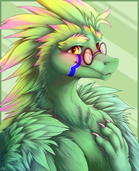 Size: 1054x1300 | Tagged: safe, artist:chibity, oc, oc:venti (riceraider), dragon, fictional species, furred dragon, semi-anthro, bust, claws, fur, glasses, green body, green fur, looking at you, male, portrait, round glasses, solo, solo male, yellow eyes