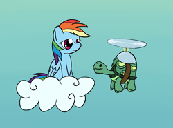 Size: 1720x1280 | Tagged: safe, artist:darkest hour, rainbow dash (mlp), tank (mlp), equine, fictional species, mammal, pegasus, pony, reptile, tortoise, feral, friendship is magic, hasbro, my little pony, 2018, aircraft, belt, black eyes, blue background, blue body, blue fur, clothes, cloud, digital art, duo, feathered wings, feathers, female, flying, folded wings, fur, glowing, gradient background, green body, green scales, hair, helicopter, lidded eyes, looking at each other, machine, magic, magic aura, mane, mare, non-sapient, on a cloud, pet, propeller, purple eyes, rainbow hair, scales, shell, side view, sitting, sky, smiling, vehicle, wings