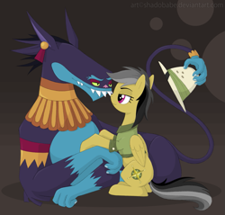 Size: 1045x1000 | Tagged: safe, artist:shadobabe, ahuizotl (mlp), daring do (mlp), ahuizotl (species), equine, fictional species, mammal, pegasus, pony, feral, friendship is magic, hasbro, my little pony, clothes, darizotl (mlp), female, hat, male, male/female, mare, nuzzling, shipping