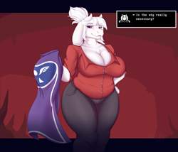 Size: 1540x1320 | Tagged: safe, artist:dsixzey, lucifer (helltaker), toriel (undertale), bovid, caprine, goat, mammal, anthro, helltaker, undertale, bedroom eyes, belly, big breasts, breasts, chest fluff, cleavage, clothes, cosplay, curvy, dialogue, dress, fat, female, fluff, fur, goat lucifer, hand on hip, looking at you, open mouth, purple eyes, shirt, slightly chubby, solo, solo female, species swap, talking, talking to viewer, text, thick, thick thighs, thighs, topwear, voluptuous, white body, white fur, wide hips