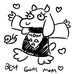 Size: 500x511 | Tagged: safe, artist:jargon scott, toriel (undertale), bovid, fictional species, goat, mammal, mollusk, monster, snail, anthro, feral, undertale, black and white, clothes, duo, female, female focus, floppy ears, grayscale, heart, horns, love heart, monochrome, simple background, smiling, solo focus, tabard, tail, text, white background