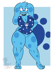 Size: 1541x2000 | Tagged: safe, artist:kingretrokirby, blue (blue's clues), canine, dog, mammal, anthro, blue's clues, nickelodeon, big breasts, bottomless, breasts, cleavage, clothes, fangs, featureless crotch, female, grin, hand on hip, lidded eyes, nudity, partial nudity, paw prints, sharp teeth, shirt, signature, solo, solo female, teeth, thick thighs, thighs, topwear