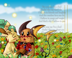 Size: 1024x819 | Tagged: safe, artist:tamarinfrog, oc, oc only, oc x oc, oc:ross (tamarinfrog), oc:saria (tamarinfrog), arthropod, eeveelution, fictional species, ladybug, leafeon, mammal, raichu, feral, nintendo, pokémon, 2008, blushing, bouquet, cloud, collar, crossover, duo focus, earthbound beginnings, eyes closed, female, field, flower, holding, holding hands, lyrics, male, male/female, nervous, open mouth, shipping, shy, signature, singing, sky, smiling, sweatdrop, tail, text