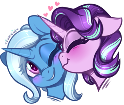 Size: 531x449 | Tagged: safe, artist:esmeia, starlight glimmer (mlp), trixie (mlp), equine, fictional species, mammal, pony, unicorn, feral, friendship is magic, hasbro, my little pony, blushing, bust, cute, duo, duo female, female, female/female, heart, horn, low res, mare, one eye closed, shipping, simple background, startrix (mlp), white background, winking