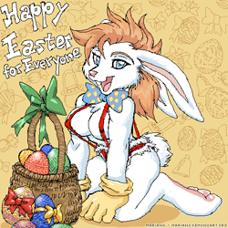 Size: 480x480 | Tagged: suggestive, artist:mariano, roger rabbit (roger rabbit), lagomorph, mammal, rabbit, anthro, who framed roger rabbit, 1:1, bedroom eyes, bottomwear, bow, bow tie, breasts, buckteeth, cheek fluff, chest fluff, clothes, easter, easter basket, easter bunny, easter egg, egg, female, fluff, gloves, kneeling, looking at you, low res, nipple outline, oekaki, open mouth, rule 63, smiling, solo, solo female, suspenders, tail, teeth, text