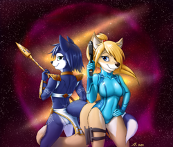 Size: 5000x4245 | Tagged: safe, artist:atticus-kotch, krystal (star fox), samus aran (metroid), canine, fox, mammal, anthro, metroid (series), nintendo, star fox, absurd resolution, arm fluff, armor, black nose, blonde hair, blue body, blue eyes, blue fur, blue hair, body markings, butt, clothes, collar, crossover, detailed background, duo, duo female, ear fluff, eyebrows, eyelashes, female, fluff, fur, galaxy, gun, hair, hair tie, hand on hip, hip fluff, holster, leotard, loincloth, looking at you, looking back, looking back at you, nebula, presenting, rubber, sci-fi, shoulder fluff, signature, smiling, smiling at you, space, species swap, staff, stars, tail, tan body, tan fur, tight clothing, unconvincing armor, vixen, weapon, white body, white fur, zero suit