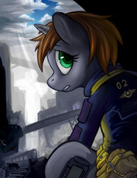 Size: 2550x3300 | Tagged: safe, artist:hobbes-maxwell, oc, oc only, oc:littlepip, equine, fictional species, mammal, pony, unicorn, feral, fallout equestria, fallout, friendship is magic, hasbro, my little pony, clothes, fanfic, fanfic art, female, green eyes, high res, horn, jumpsuit, looking back, mare, ruins, solo, solo female, teeth, vault suit, wasteland