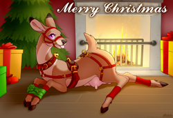 Size: 2000x1369 | Tagged: suggestive, artist:loimu, oc, oc only, oc:loimu, cervid, deer, mammal, feral, bell, blep, bridle, brown body, brown fur, christmas, cloven hooves, detailed background, dewclaw, doe, ears, female, fire, fireplace, fur, harness, holiday, hooves, indoors, looking at you, lying down, magenta eyes, nudity, present, prone, solo, solo female, tack, tail, teats, tongue, tongue out, udders, watermark