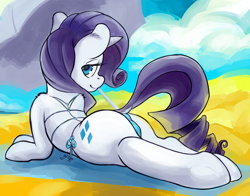 Size: 4200x3300 | Tagged: suggestive, artist:hobbes-maxwell, rarity (mlp), equine, fictional species, mammal, pony, unicorn, feral, friendship is magic, hasbro, my little pony, anus cameltoe, beach, bikini, blue eyes, blue swimsuit, butt, cameltoe, clothes, dock, female, hooves, human shoulders, lidded eyes, looking at you, looking back, lying down, mare, smiling, solo, solo female, swimsuit, tail, thong swimsuit, underhoof