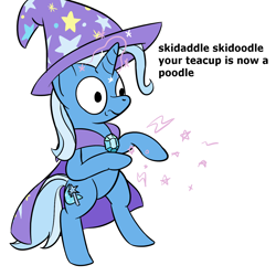 Size: 1280x1280 | Tagged: safe, artist:darkest hour, trixie (mlp), equine, fictional species, mammal, pony, unicorn, semi-anthro, friendship is magic, hasbro, my little pony, 2018, bipedal, black eyes, blue body, blue fur, blue hair, cape, clothes, crescent moon, cutie mark, dialogue, digital art, english, english text, female, fur, gem, glowing, glowing horn, hair, hat, hooves, horn, magic, magic aura, magic wand, mane, mare, meme, moon, offscreen character, raised arm, raised hoof, raised leg, rhyme, rhyming, shrunken pupils, simple background, skidaddle skidoodle, solo, solo female, spell, standing, tail, talking, text, three-quarter view, wavy mouth, white background, wide eyes, wizard hat