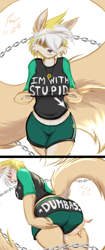 Size: 1056x2511 | Tagged: suggestive, artist:frist, oc, oc only, oc:zenobia, canine, mammal, anthro, cc by-nc, creative commons, abstract background, big butt, blushing, bottomwear, breasts, butt, chains, cheek fluff, clothes, comic, ear fluff, ears, female, fluff, funny, fur, hair, hair over eyes, hands, illustration, jewelry, lifting butt, looking at you, looking back, looking back at you, necklace, pants, shirt, shorts, signature, simple background, smiling, solo, solo female, t-shirt, tail, tail fluff, tan body, tan fur, text, tongue, tongue out, topwear, white background, white hair, yellow hair