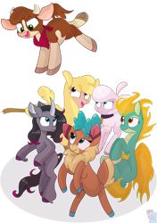 Size: 2020x2872 | Tagged: safe, artist:rainbow eevee, arizona cow (tfh), oleander (tfh), paprika paca (tfh), pom lamb (tfh), tianhuo (tfh), velvet reindeer (tfh), alpaca, bovid, caprine, cattle, cervid, classical unicorn, cow, deer, equine, fictional species, lamb, mammal, pony, reindeer, sheep, unicorn, feral, them's fightin' herds, bandanna, bell, camelid, cloven hooves, collar, curved horn, cute, eyelashes, female, females only, fightin' six, group, high res, hooves, horn, jumping, leonine tail, looking down, looking up, mare, open mouth, raised leg, scared, simple background, smiling, tail, transparent background, ungulate, unshorn fetlocks, vector