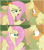 Size: 2015x2269 | Tagged: safe, artist:rainbow eevee, applejack (mlp), fluttershy (mlp), earth pony, equine, fictional species, mammal, pegasus, pony, feral, friendship is magic, hasbro, my little pony, nickelodeon, clothes, cowboy hat, cute, duo, eyebrows, eyelashes, female, folded wings, freckles, green eyes, hair, hat, high res, hooves, lidded eyes, looking at each other, mane, messy mane, open mouth, scene interpretation, shrunken pupils, tail, unamused, underhoof, wide eyes, wings