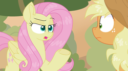 Size: 1280x719 | Tagged: safe, artist:rainbow eevee, applejack (mlp), fluttershy (mlp), earth pony, equine, fictional species, mammal, pegasus, pony, feral, friendship is magic, hasbro, my little pony, clothes, cowboy hat, cute, duo, eyebrows, eyelashes, female, folded wings, freckles, green eyes, hair, hat, hooves, lidded eyes, looking at each other, mane, messy mane, open mouth, scene interpretation, shrunken pupils, tail, unamused, underhoof, wide eyes, wings