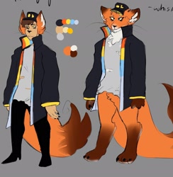 Size: 1999x2048 | Tagged: safe, artist:smpoggers, oc, oc only, oc:fundy, animal humanoid, canine, fictional species, fox, mammal, red fox, anthro, digitigrade anthro, humanoid, minecraft, youtube, 2020, alternate universe, clothes, duality, eared humanoid, gray background, hat, humanoidized, jacket, male, reference sheet, self paradox, simple background, solo, solo male, tail, tailed humanoid, topwear, werefox