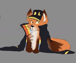 Size: 1187x989 | Tagged: safe, artist:smpoggers, oc, oc only, oc:fundy, canine, fox, mammal, red fox, feral, minecraft, youtube, 2020, alternate universe, clothes, feralized, gray background, hat, jacket, male, simple background, sitting, solo, solo male, tail, topwear, werefox