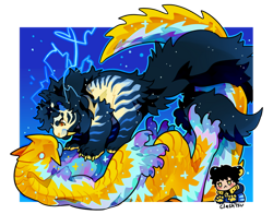 Size: 1024x803 | Tagged: safe, artist:clashtsu, oc, oc only, animal humanoid, big cat, cat, dragon, feline, fictional species, mammal, reptile, saber-toothed cat, scaled dragon, feral, humanoid, 2019, ambiguous gender, bell, claws, collar, electricity, group, kemono, paw pads, paws, pinned down, sabertooth (anatomy), simple background, teeth, transparent background, trio