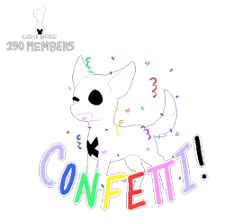Size: 425x420 | Tagged: safe, artist:purrwitch, oc, oc only, canine, dog, fictional species, mammal, feral, 2019, ambiguous gender, confetti, english text, fur, light dog, low res, simple background, solo, solo ambiguous, text, transparent background, white fur