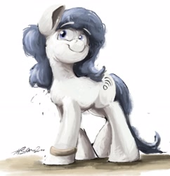 Size: 2228x2298 | Tagged: safe, artist:th3ipodm0n, earth pony, equine, fictional species, mammal, pony, feral, hasbro, my little pony, blue hair, eyebrow through hair, eyebrows, female, fur, hair, high res, looking at something, mare, signature, smiling, solo, solo female, white fur