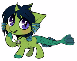 Size: 2500x2000 | Tagged: safe, artist:xvostik, oc, oc only, oc:demon hellspawn, equine, fictional species, fish, half-siren, hybrid, mammal, feral, hasbro, my little pony, 2020, ahoge, baby, blue hair, blue mane, chest fluff, colored hooves, colt, commission, curved horn, digital art, fangs, fins, fish tail, fluff, foal, fur, green fur, green scales, hair, high res, hooves, horn, interspecies offspring, jewelry, kemono, leviathan cross, magical gay spawn, male, mane, necklace, offspring, open mouth, purple eyes, raised hoof, scales, sharp teeth, simple background, slit pupils, solo, solo male, tail, teal scales, teeth, white background, ych result, young